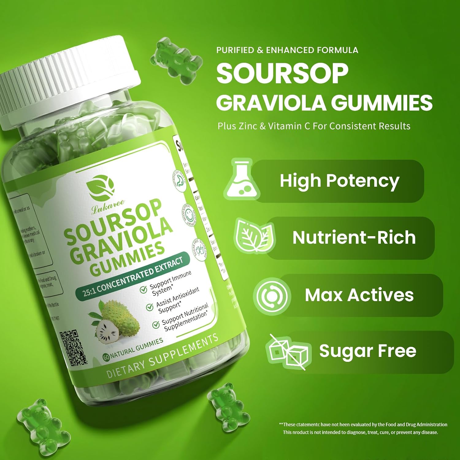(2 Pack) Soursop Gummies - Soursop Leaves Concentrated Extract for Immune | Herbal Extracts w/Vitamin C, Zinc & Natural Food for Liver, Calming & Antioxidant, Sugar Free, Gluten Free, Vegan, 60 Gummies