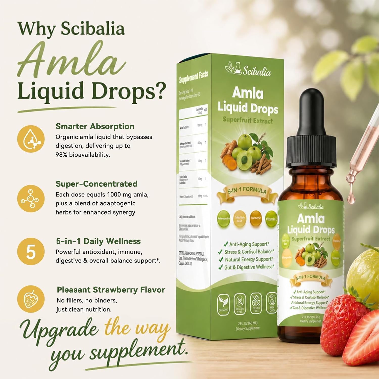 Organic Amla Liquid Drops, Indian Gooseberry Amla Superfruit Extract 1000mg | Advanced 5-in-1 Amla Herbal w. Ashwagandh Turmeric Tulsi for Antioxidant Energy & Digestive Hair Ayurvedic Daily Wellness