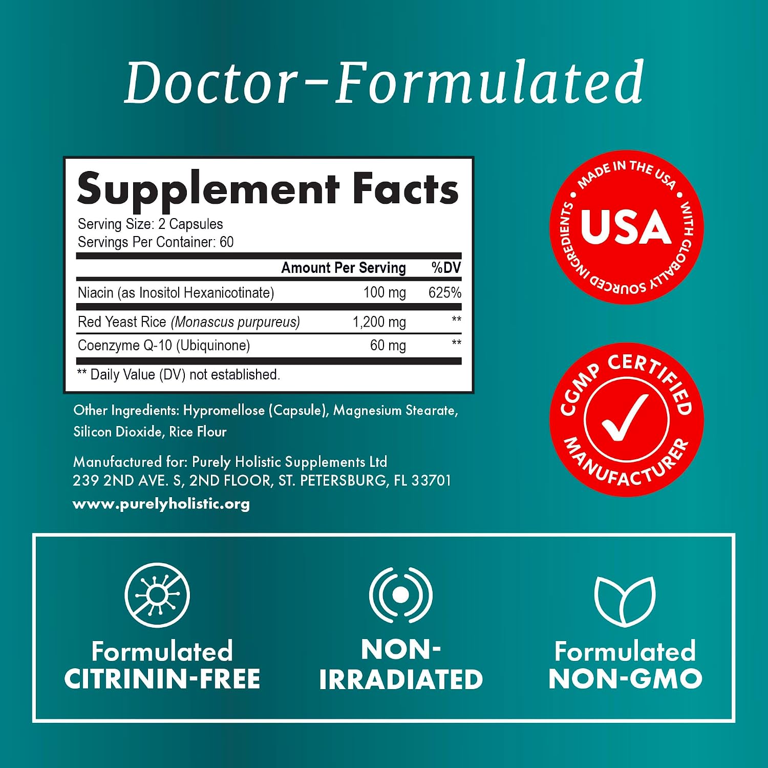Red Yeast Rice with CoQ10 Supplement, Cholesterol & Heart Health Support | Extra Strength Red Yeast Rice 1200 MG (600 MG Per Capsule), Citrinin-Free, Doctor-Formulated, Non-GMO, Vegan, 120 Capsules