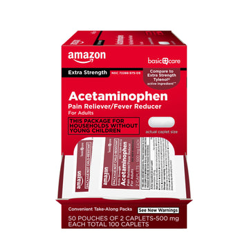 Amazon Basic Care Extra Strength Acetaminophen Caplets 500 mg, Pain Reliever and Fever Reducer, Gentle on Stomach, For Arthritis Pain, Backache Pain and More, 50 Packets of 2 Capsules Each, 100 Count Amazon Basic Care buy supplements Au