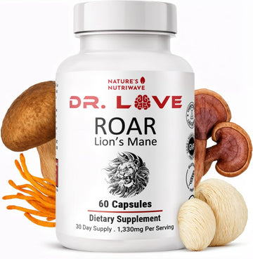 Dr. Love ROAR Lion's Mane – Cordyceps & Reishi – 60 Ct, 1 Month Supply | Also includes Lion's Mane with Cordyceps, Reishi & Shiitake | Vegan, Gluten-Free, GMP Certified, Made in USA