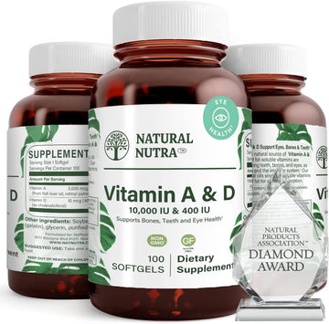 Natural Nutra Vitamin A and D, 10000 IU & 400IU, 100 Softgels | Supports Bone Health & Enhances Eye Health, Promotes Strong Teeth, Sourced from Cod Liver Oil, Supports Overall Health