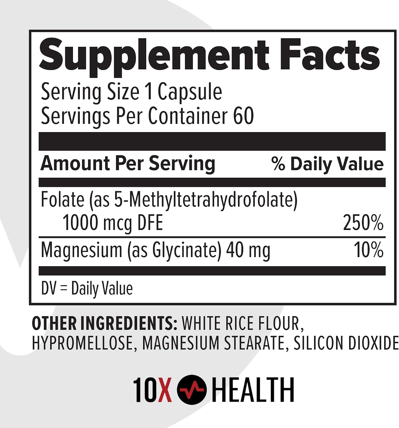 10X Health 5 Mthf - 60 Capsules | L Methylfolate: Methylated Folate & Magnesium, Brain & DNA Support, Bioavailable