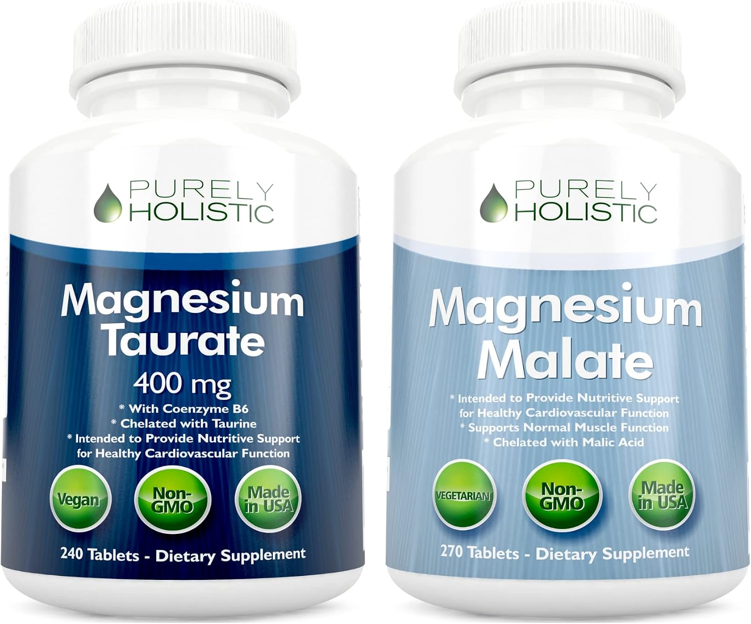Magnesium Taurate 400mg + Magnesium Malate 400mg - Highly Bioavailable - High Absorption Bundle - 270 + 270 Vegetarian Tablets