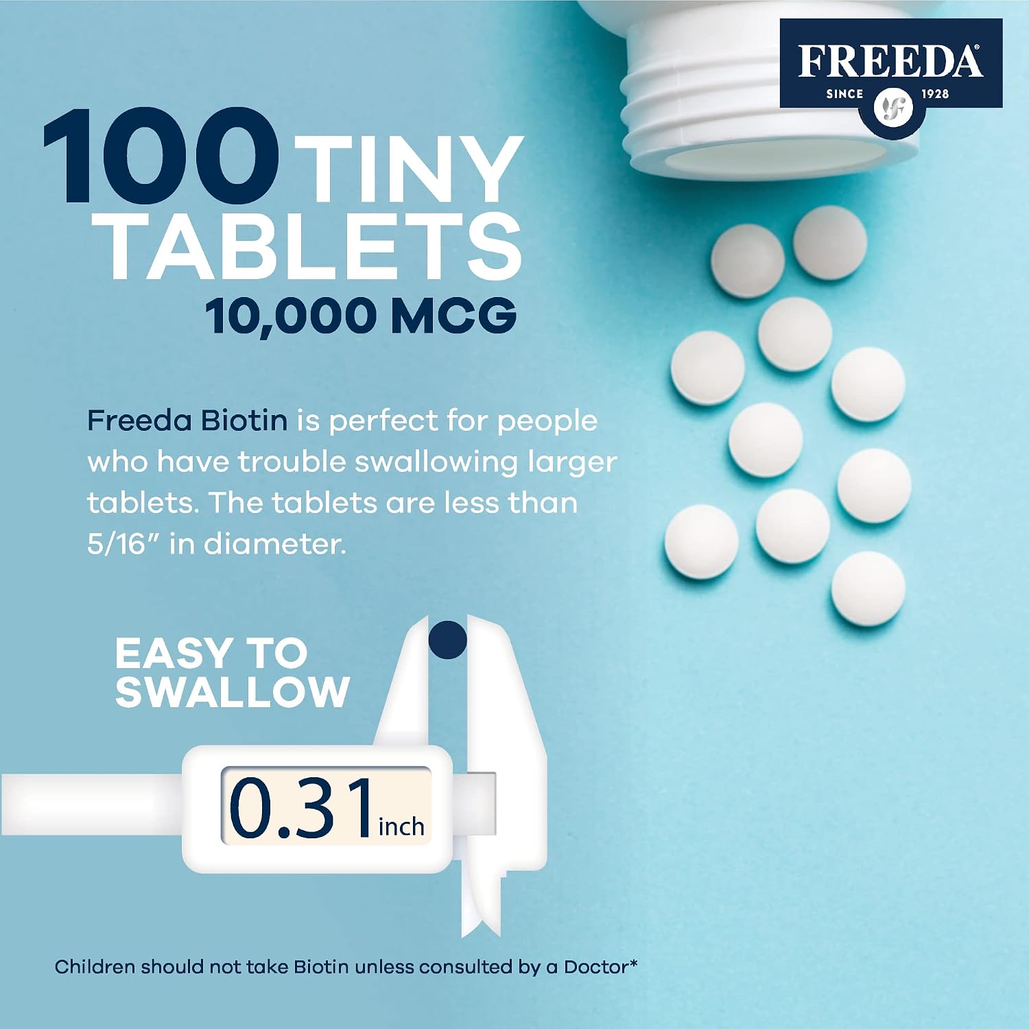 FREEDA Biotin 10,000 mcg Supplement - Tiny Tabs for Hair, Skin & Nails | High-Potency Biotin Supplement with 10,000 mcg to Support Healthy Hair, Skin, and Nails - Easy-To-Swallow Tiny Tablets