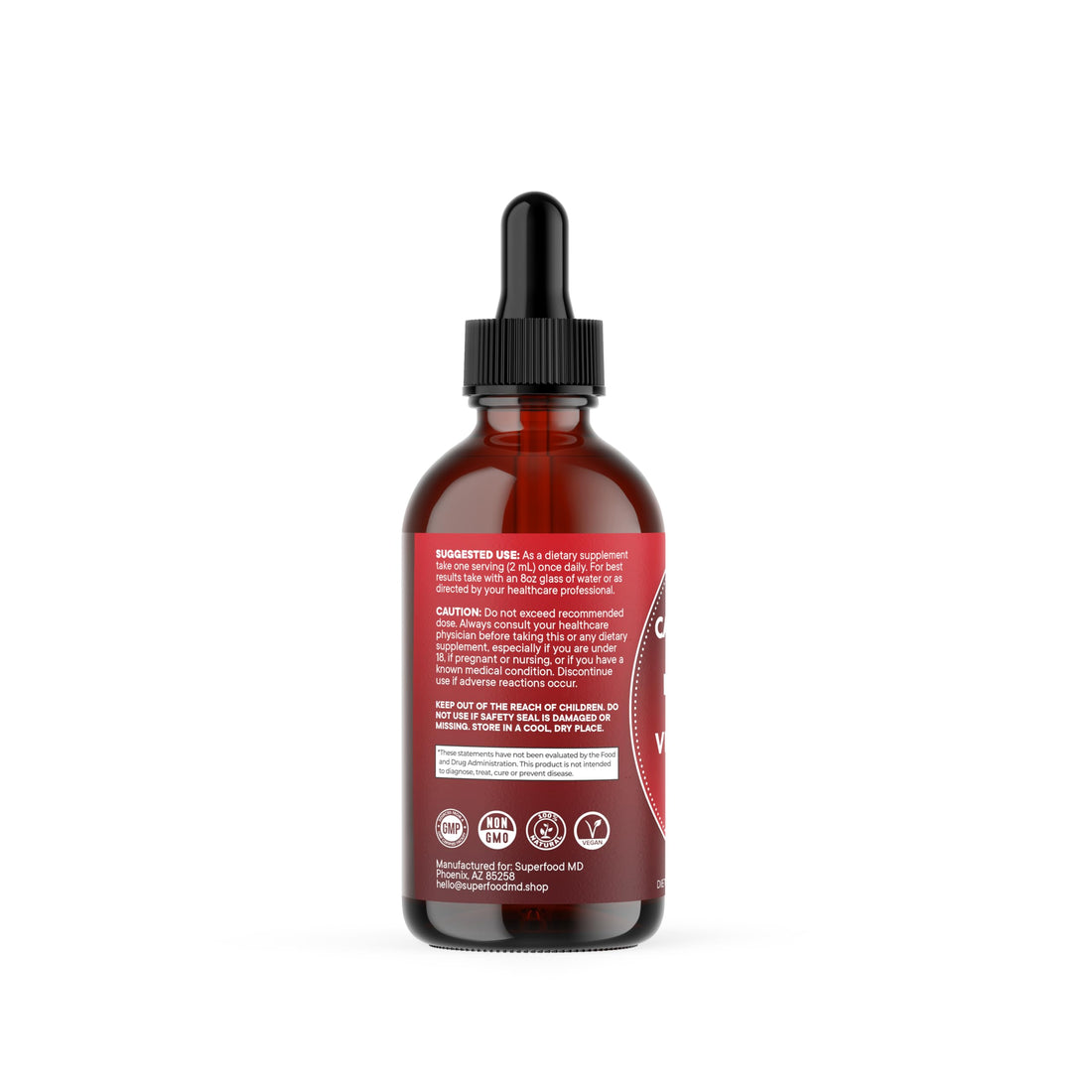 Two bottles of Superfood MD liquid wellness drops with ingredients listed on a white background.