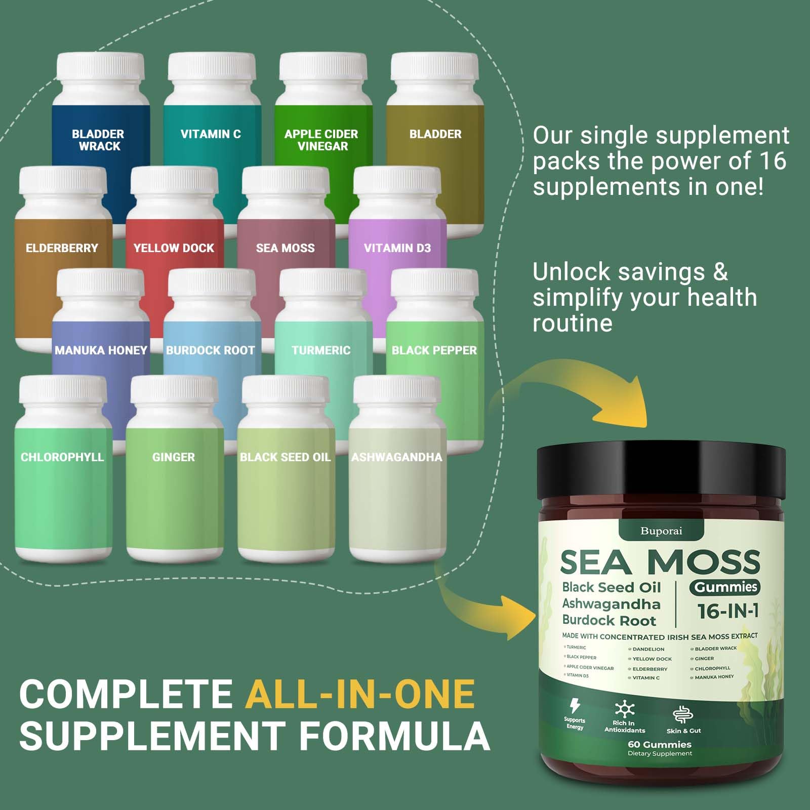 Sea Moss Gummies 16-1, Black Seed Oil Ashwagandha Turmeric Bladder Wrack Vitamin C Vitamin D3 Elderberry Manuka Dandelion Yellow Dock Apple Cider Vinegar for Men & Women