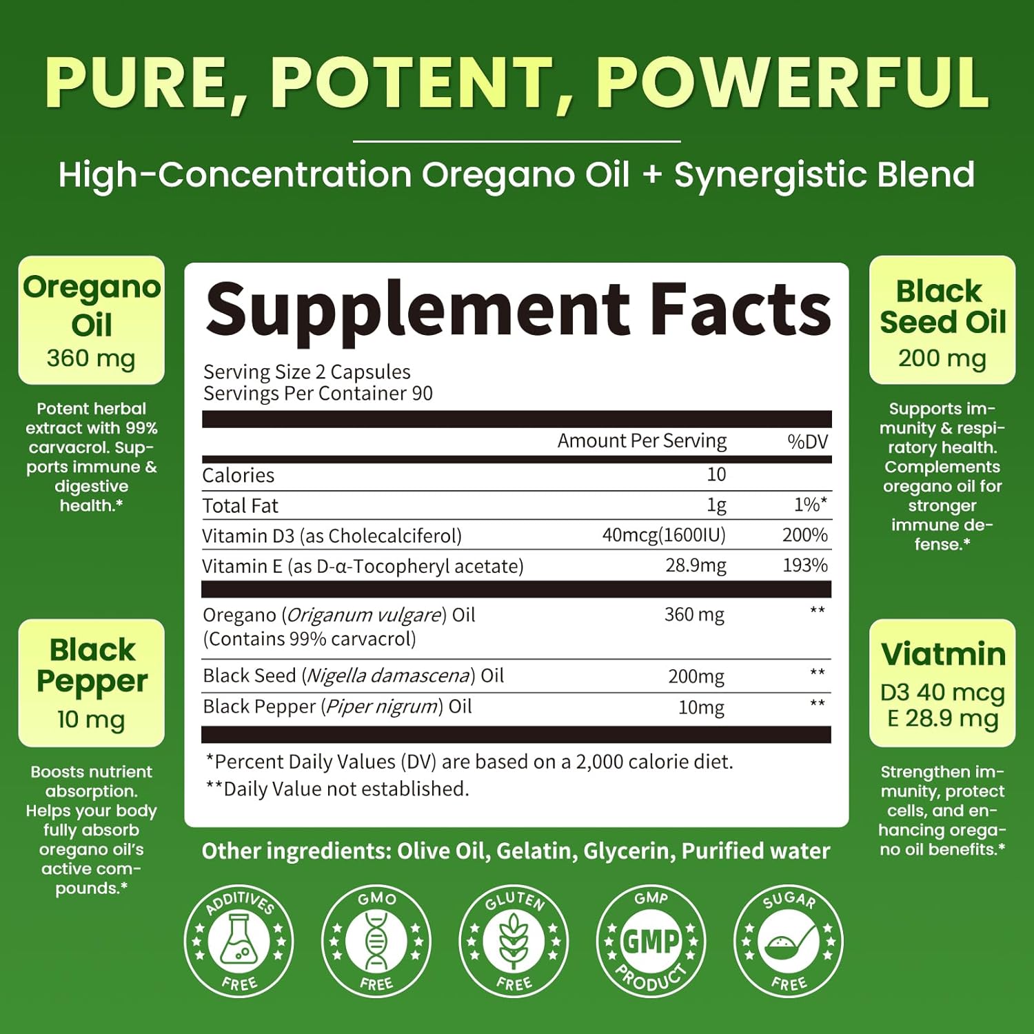 Oregano Oil Softgels with Black Seed Oil, 99% Carvacrol, 180 Ct, 3 Month | 5-in-1 with Vitamin D3 E Black Pepper, Immune, Respiratory, Digestive & Antioxidant*, Ultra-Concentrated, Easy to Swallow