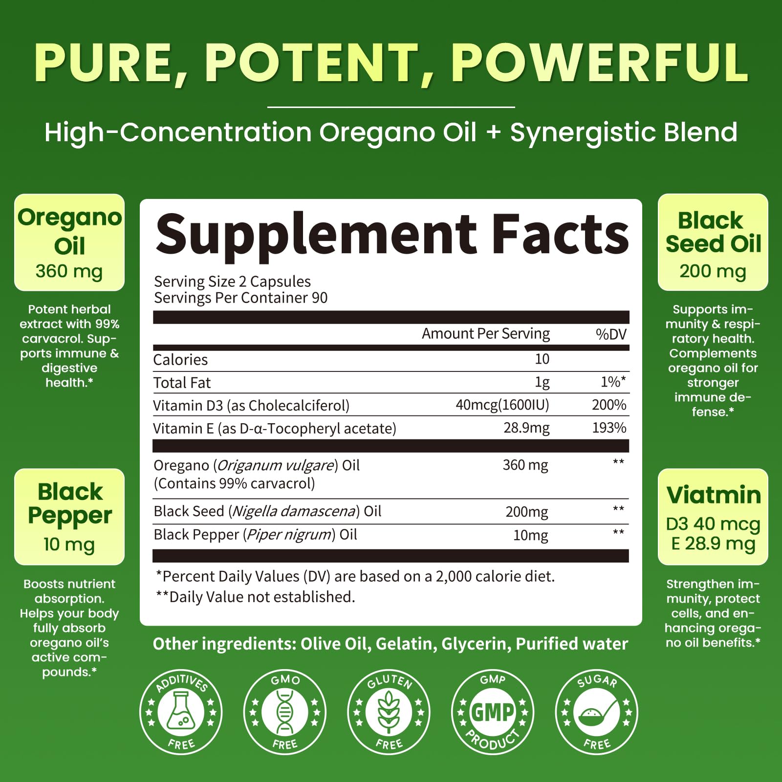 Oregano Oil Softgels with Black Seed Oil, 99% Carvacrol, 180 Ct, 3 Month | 5-in-1 with Vitamin D3 E Black Pepper, Immune, Respiratory, Digestive & Antioxidant*, Ultra-Concentrated, Easy to Swallow