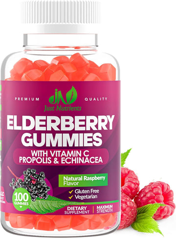 Elderberry 200mg Gummies with Vitamin C, Echinacea, Propolis (100 count) | Immune Support for Adults & Kids - Maximum Strength, Great Tasting Raspberry Flavor - Gluten-Free, Vegan