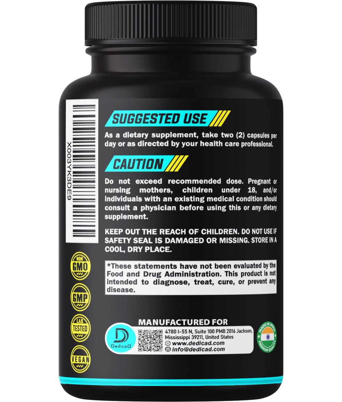 Black dietary supplement bottle labeled 'Graviola' with DedicaD branding on a white background