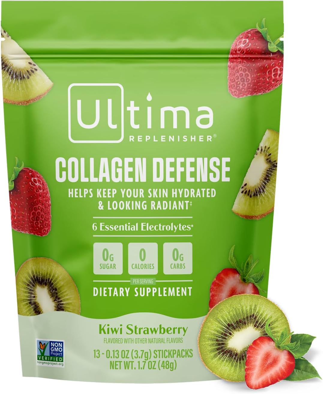 Ultima Replenisher Collagen Defense, Kiwi Strawberry, 13 Stickpacks | Daily Zero Sugar Supplement & Electrolyte Powder Hydration Packets with 6 Key Electrolytes, Dermaval & Biotin for Skin Health