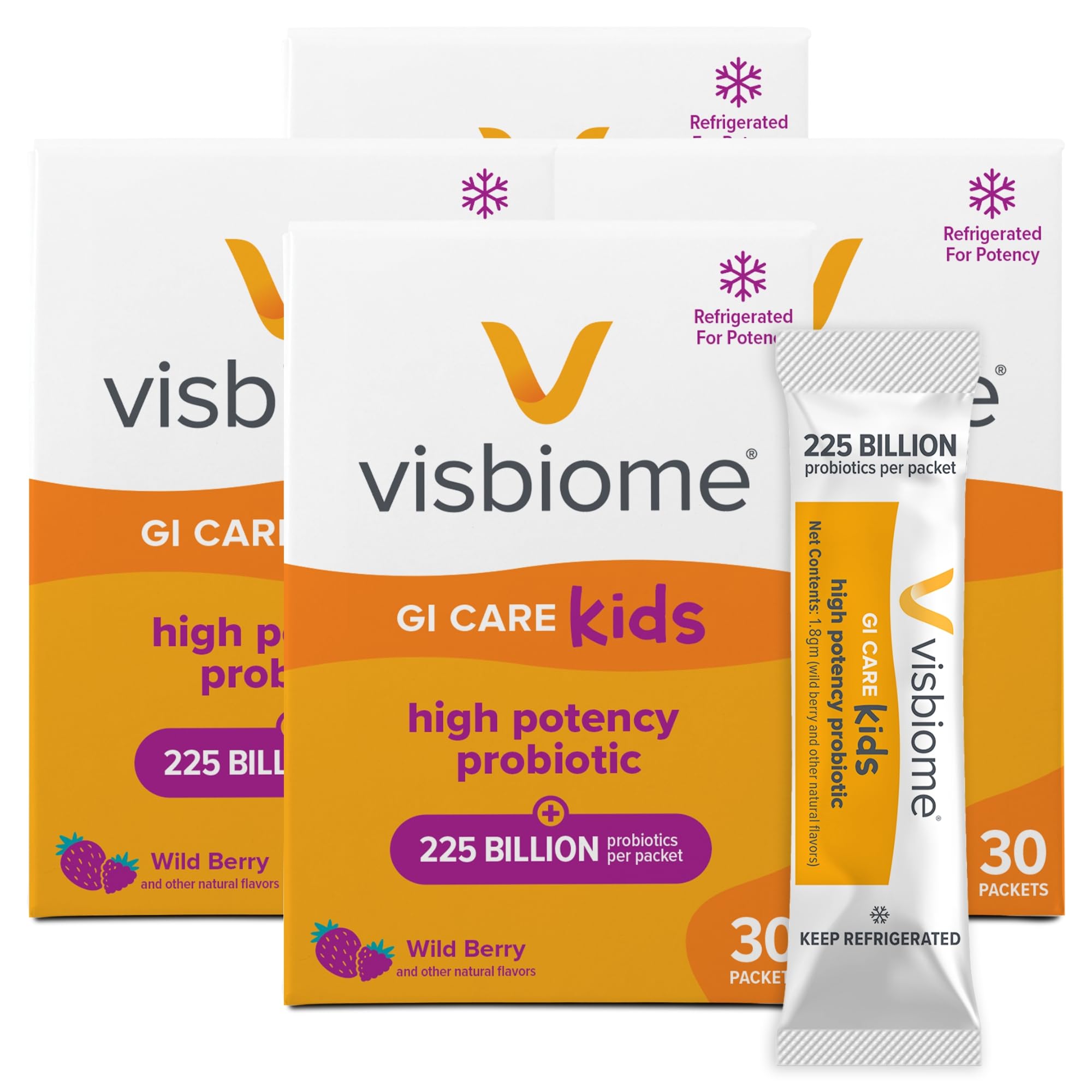 Visbiome® GI Care Kids Probiotic, 225B CFU, Wild Berry, 30 Packets | Original De Simone Formulation®, Multi-Strain, Refrigerated Probiotics, Low FODMAP Certified, Dye-Free, Made in USA