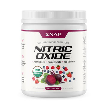 SNAP Nitric Oxide supplement container with mixed berry flavor on a white background