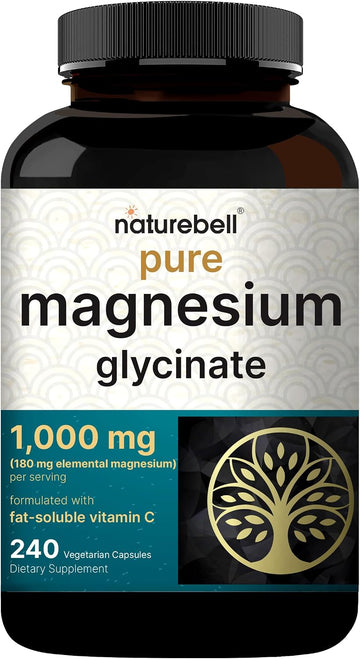 NatureBell Pure Magnesium Glycinate 1,000 mg, 240 Vegetarian Capsules | 1,000 mg Magnesium Glycinate Per Serving - Chelated Magnesium Form with Vitamin C – Non-GMO, Filler Free, cGMP Manufactured