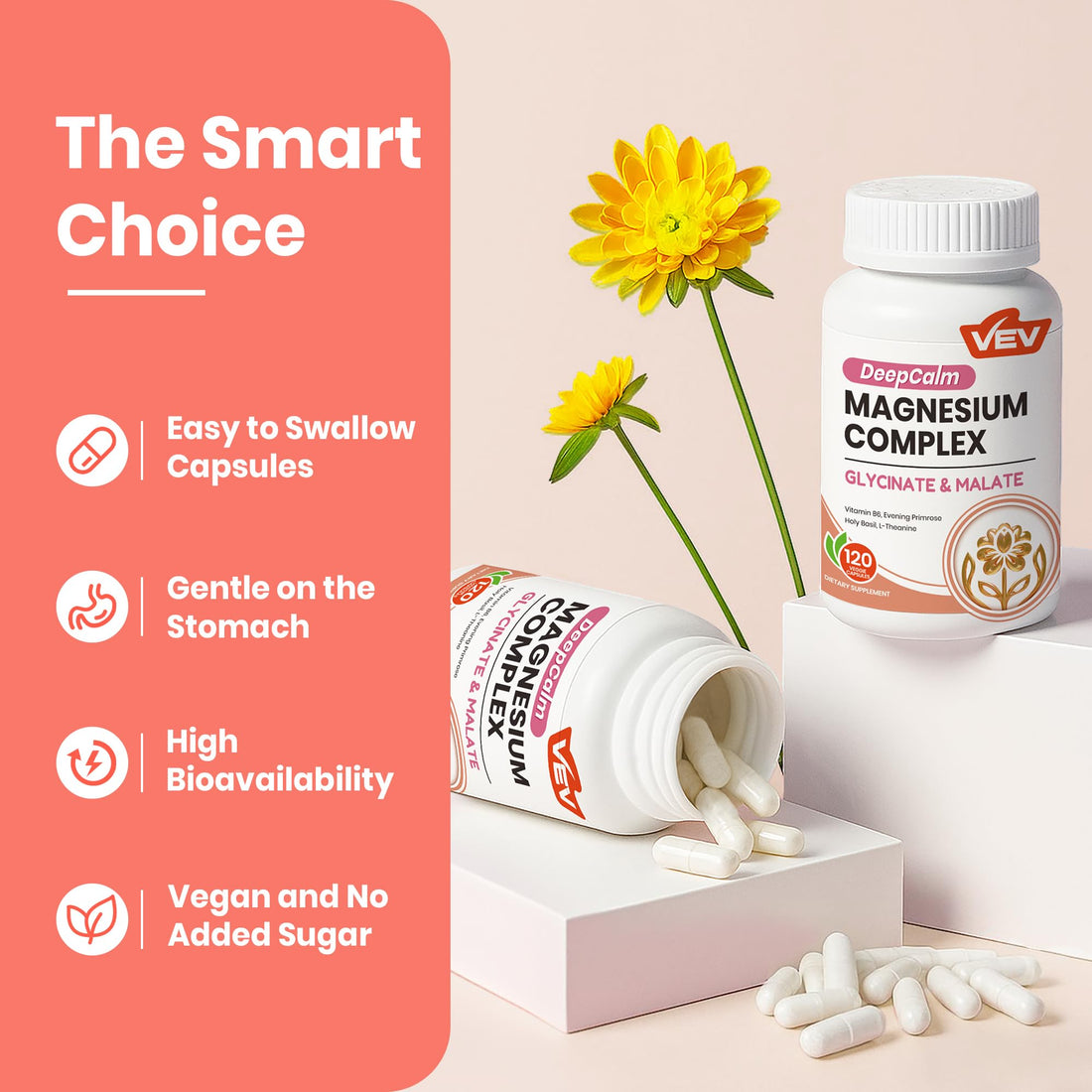 Supplement bottle labeled 'DeepCalm Magnesium Complex' with VEV logo on a white background