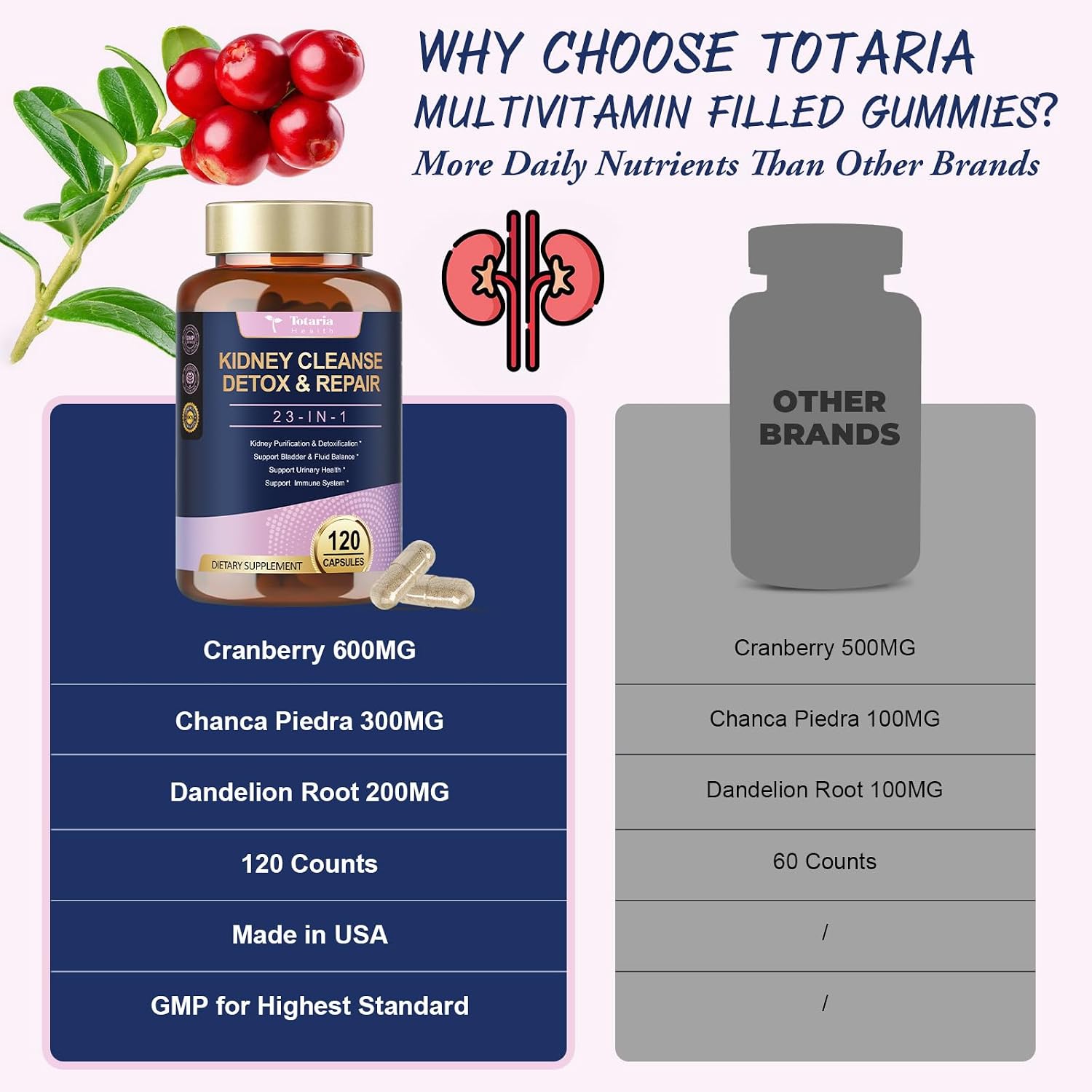 Kidney Cleanse Detox & Repair, Advanced Kidney Support Supplement - Cranberry & Chanca Piedra Pills for Bladder Control, Urinary Pain Relief, Cranberry Urinary Tract Health, Kidneey Stones Dissolver