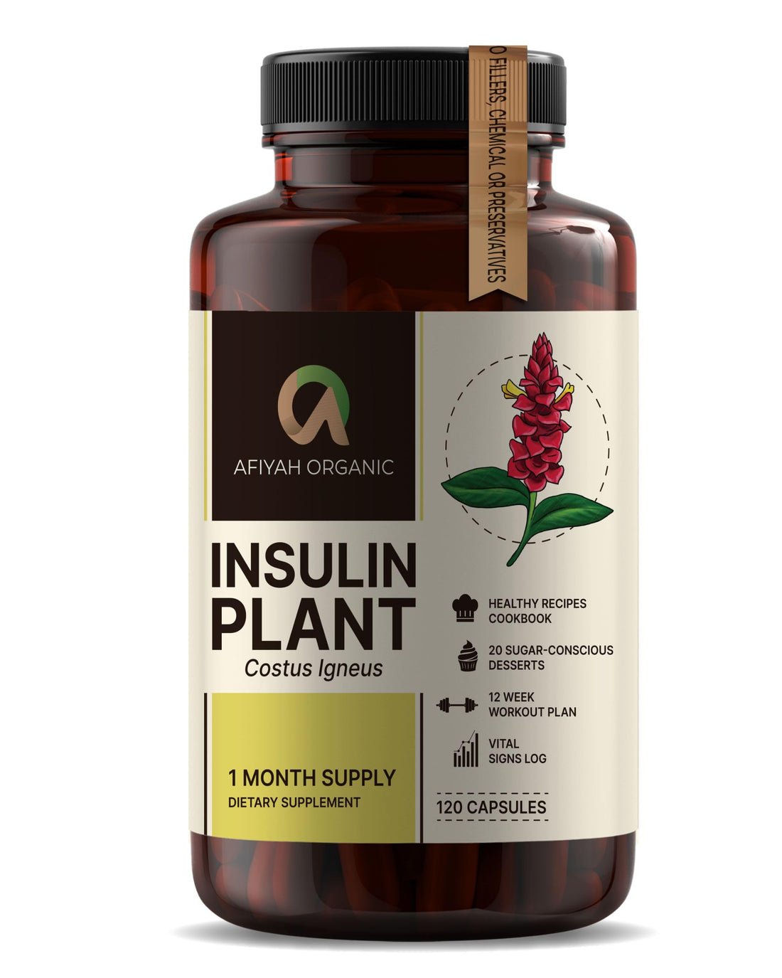 Supplement bottle labeled 'Insulin Plant' by Afiyah Organic on a white background