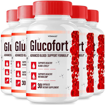 Multiple bottles of Glucofort supplement with red and white labels on a white background