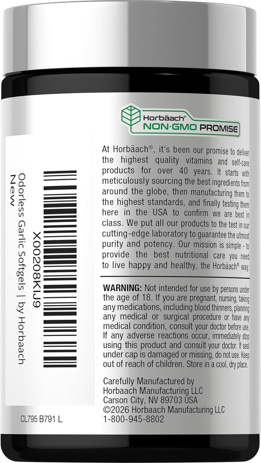 Horbäach Odorless Garlic Softgel Supplement | 200 Pills | Ultra Potent Concentrated Herbal Extract | Non-GMO & Gluten Free