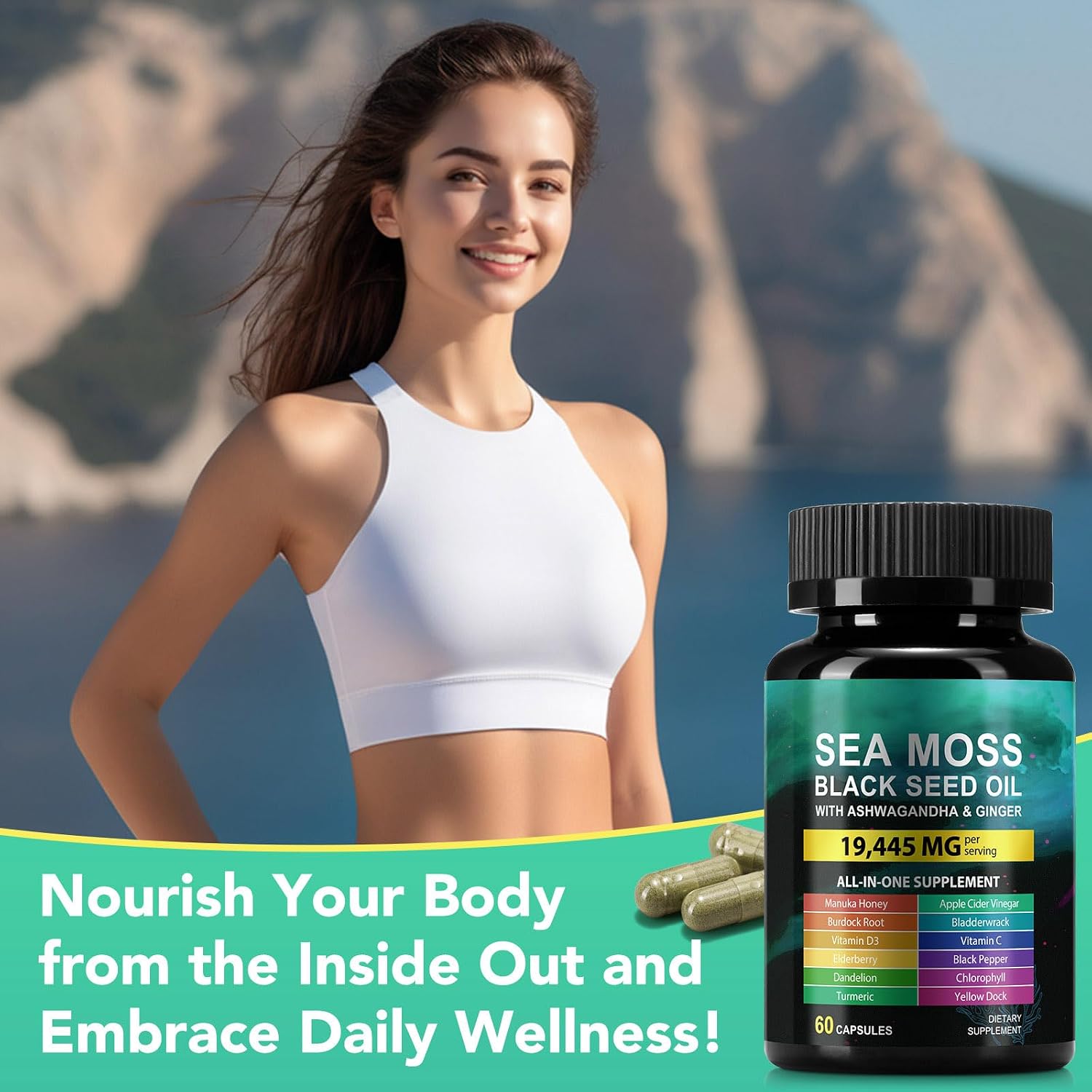 Sea Moss Black Seed Oil Ashwagandha Ginger, Sea Moss Capsule Supplement with Turmeric Burdock Root Bladderwrack Vitamin C Vitamin D3 Enhanced Immunity & Energy Black Seed Oil Capsule 60 Count