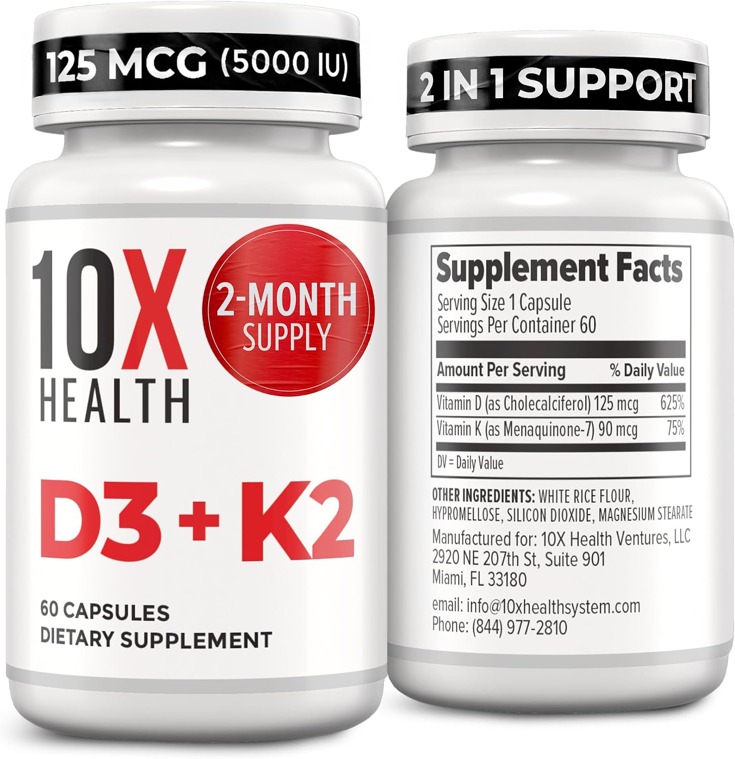 10X Health Vitamin D3 K2-60 Capsules | Vitamin K2 Mk7: 5000 IU Vitamin D3, Bone, Heart & Teeth Support, 60 Capsules