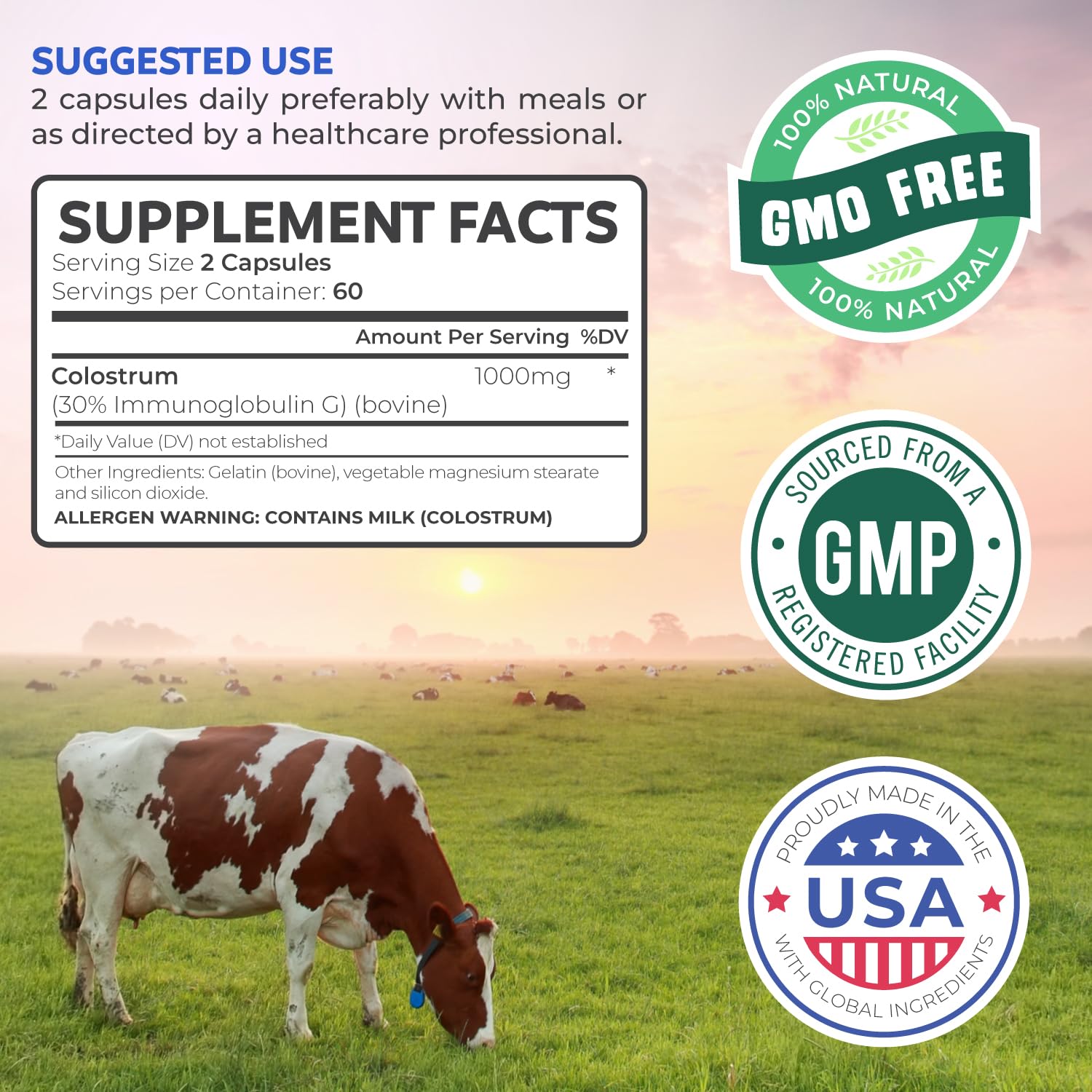 Bovine Colostrum for Women - Colostrum Supplement with 1,000mg per Serving and 30% IgG Immunoglobulins from First Milking - Low Heat Processed for Maximum Potency Non-GMO & Made in the US (2 Month)
