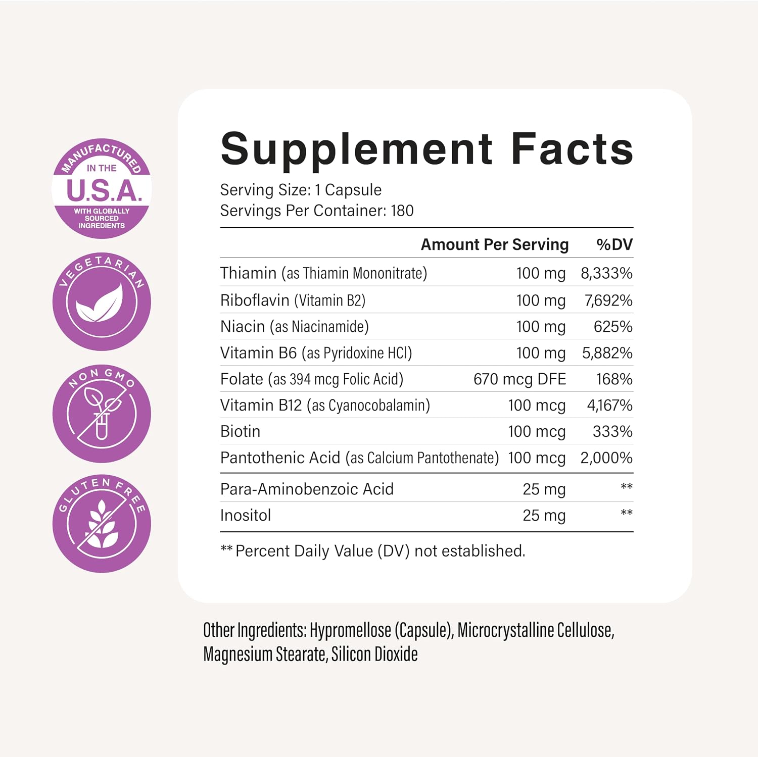 Vitamin B Complex, B1, B2, B3, B5, B6, B7, B9, B12 Inositol, 6 Month Supply | Energy Immune & Nervous System Support, Super B Complex Vitamins for Women & Men, One-A-Day, Vegan & Non-GMO, 180 Capsules