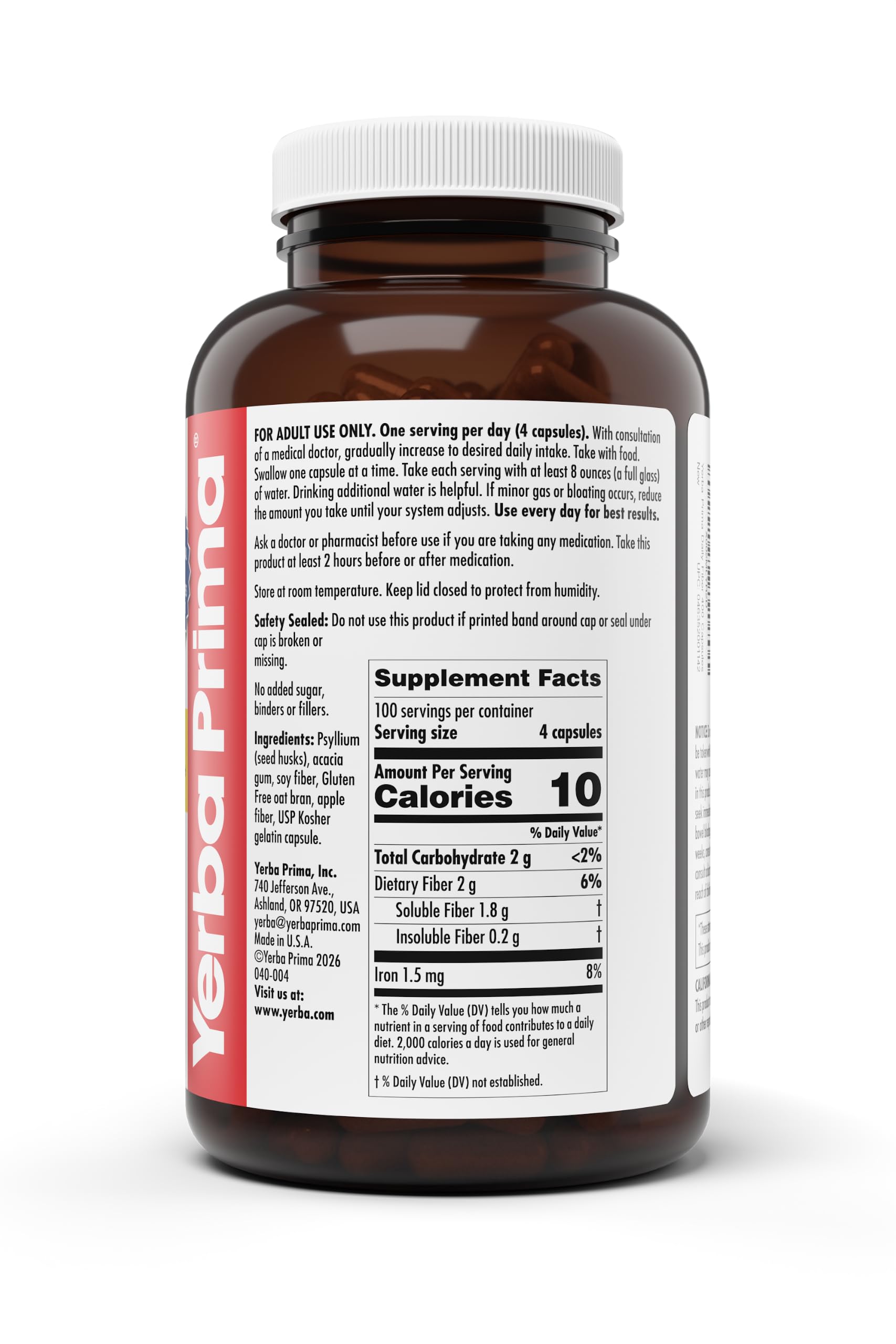 Yerba Prima Daily Fiber Caps Formula, 400 Capsules - Both Soluble and Insoluble - with Psyllium Seed Husks, Acacia Gum, Apple Fiber and More - Dietary Supplement