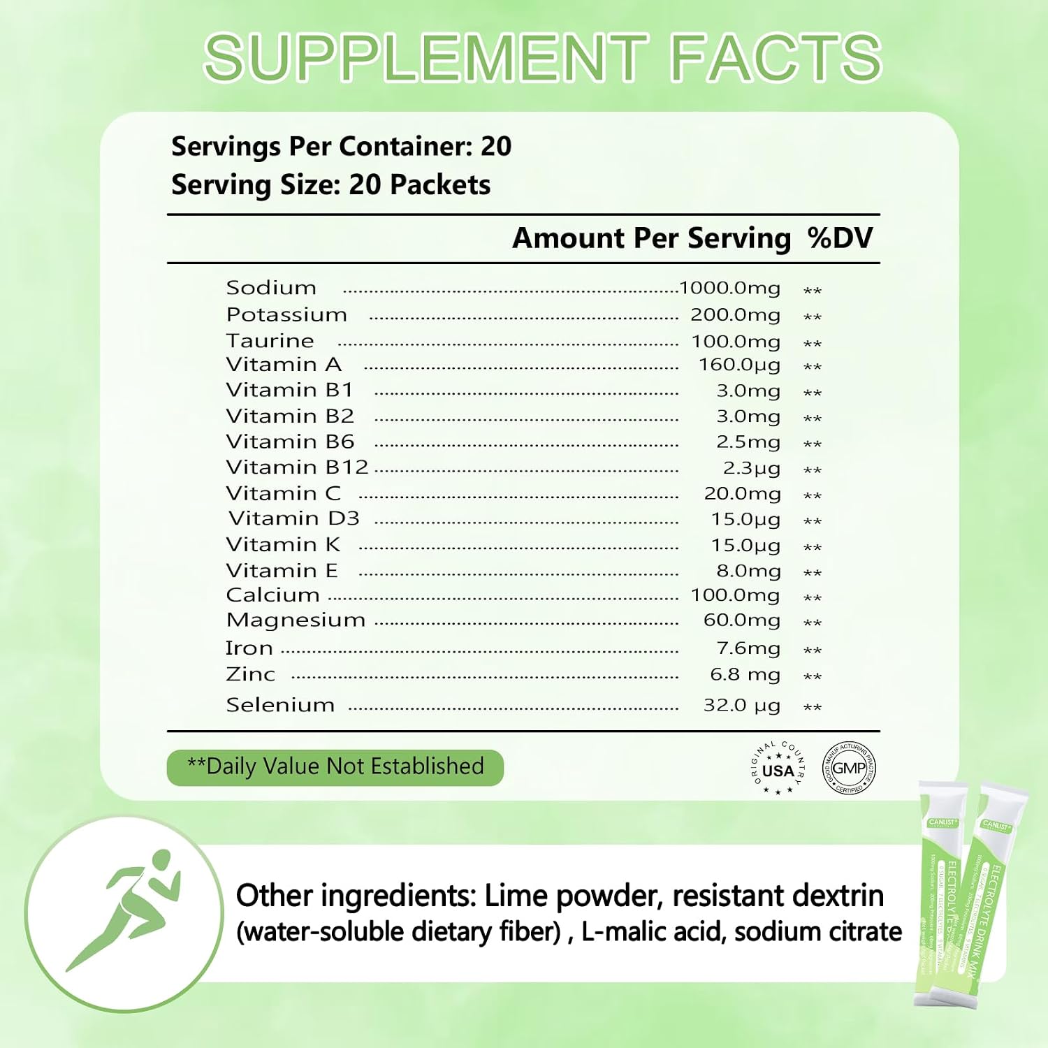 CANLIST Electrolyte Powder - Sugar Free Hydration Drink Mix with Sodium, Potassium, Magnesium - Vegan Friendly, Zero Calorie Electrolytes Supplement for Energy & Recovery (20 Stick Packets)