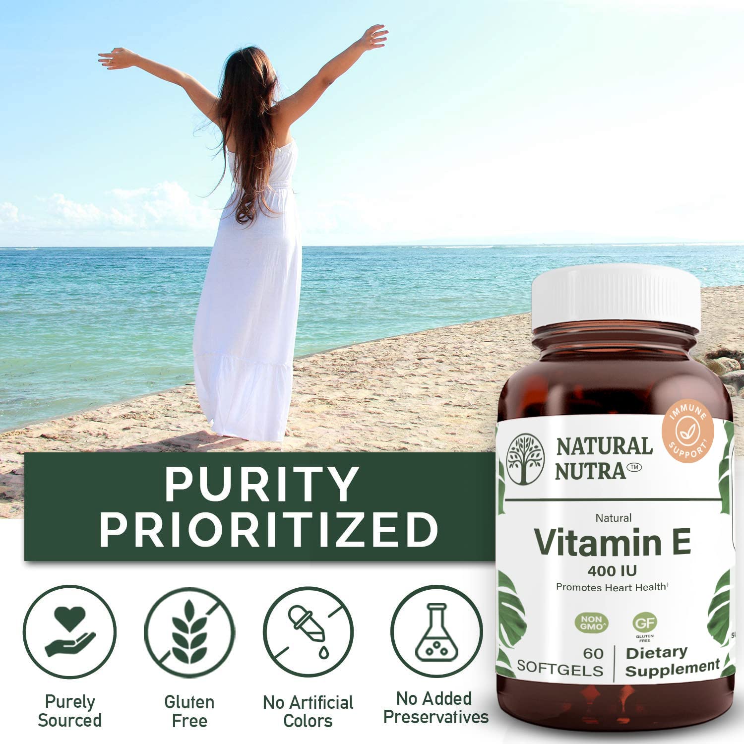 Natural Nutra Vitamin E 200 IU Supplement, 60 Softgels | Helps Heart Health & Protects Skin Texture, Enriches Health Nutrients, Enhances Hair & Nails Growth, Supports Body Fat Level