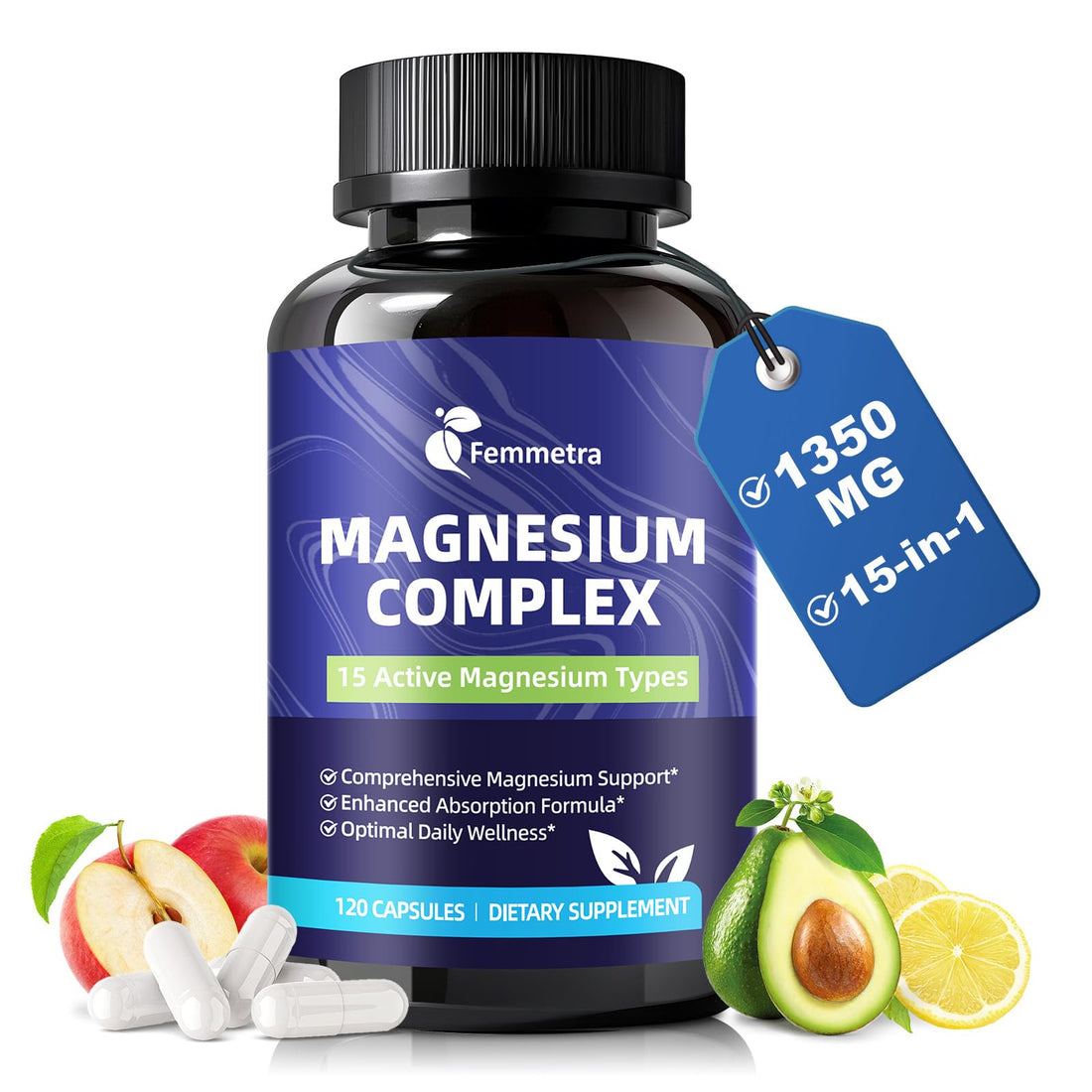 Femmetra Magnesium Complex supplement bottle and packaging on a white background