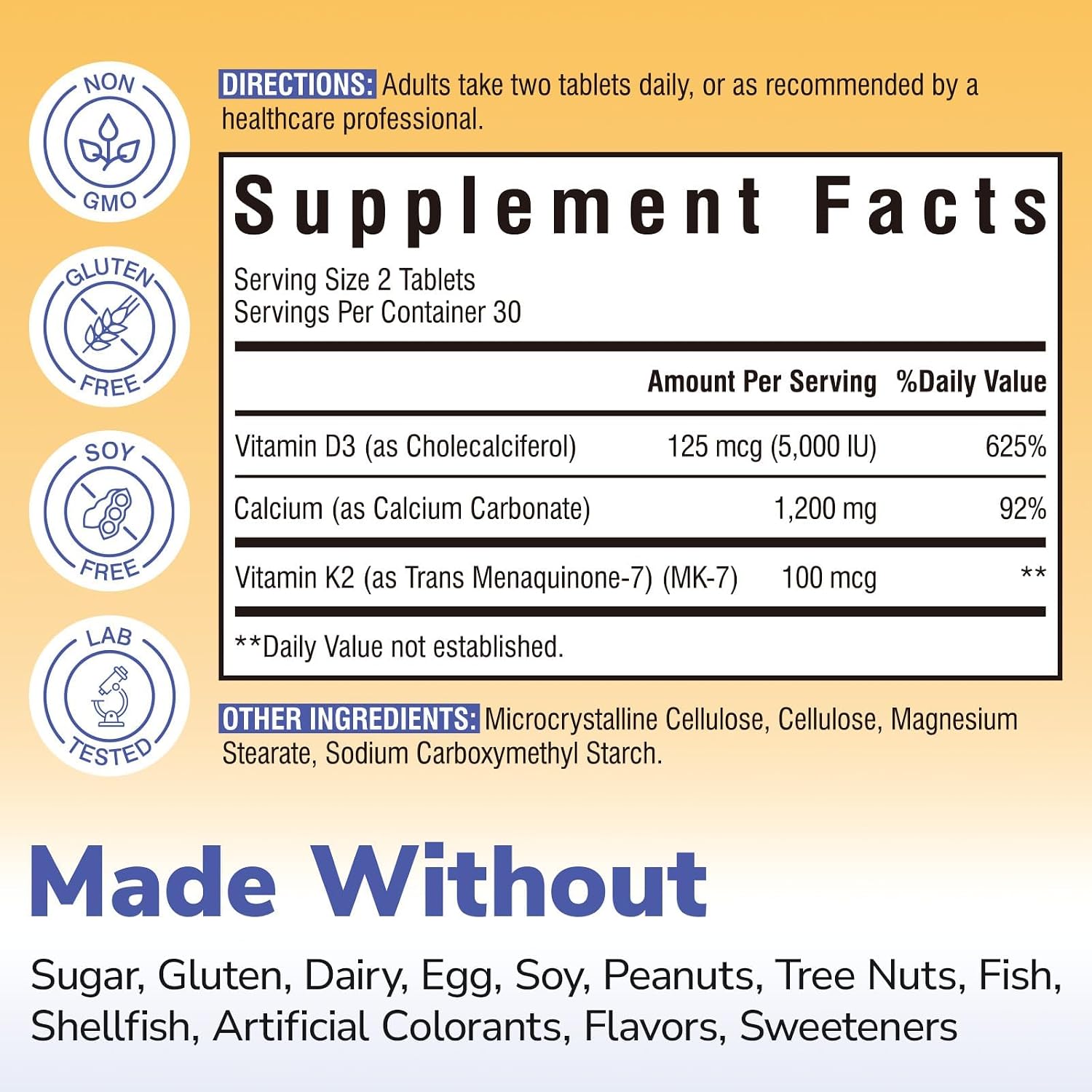 Vitalibre Vitamin D3 K2 + Calcium Supplements for Women & Men, 60 Tablets | Calcium 1200 mg with Vitamin D3 K2 5000 iu, High Absorption for Strong Bones, Teeth, Heart, Immune Health