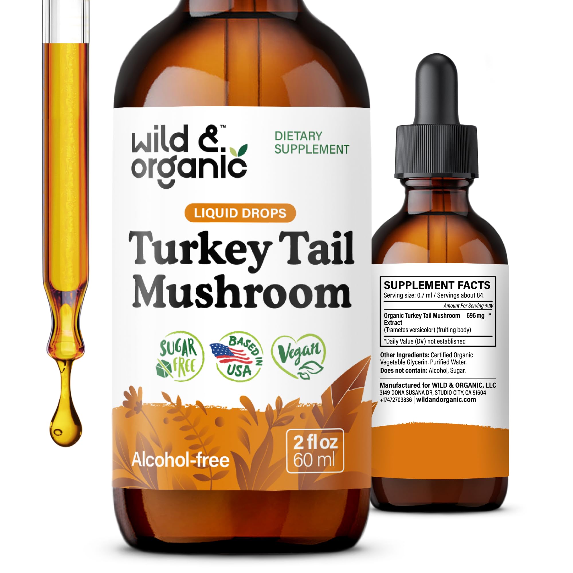 Wild & Organic Turkey Tail Mushroom Tincture - Immune Support Drops with Turkey Tail Extract - Liquid Mushroom Supplement for Gut Support - Vegan, Sugar & Alcohol-Free - 4 fl oz
