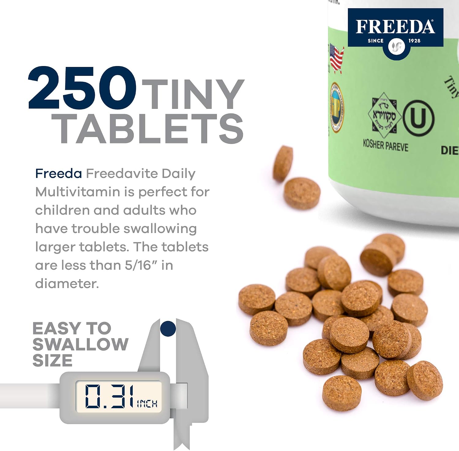 Freedavite Tiny Tablet - Moderate Multivitamin for Men and Women - Pure Vitamin A, C, D, E, B1, B2, B6, B12, Biotin, Calcium, Zinc, Iron, Magnesium, Manganese, Copper, Selenium, Iodine - 250 Count | Supports Energy, Immunity, Bone & Brain Health – 20 Esse