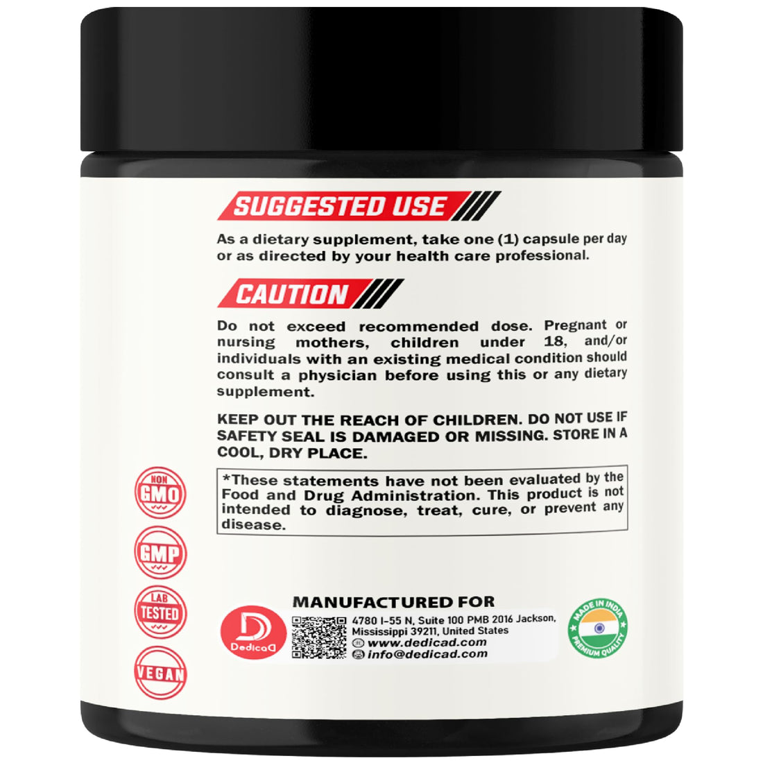 Supplement container with 'Dedica' brand featuring ingredients Soursop, Graviola, Elderberry, and Turmeric on a white background.