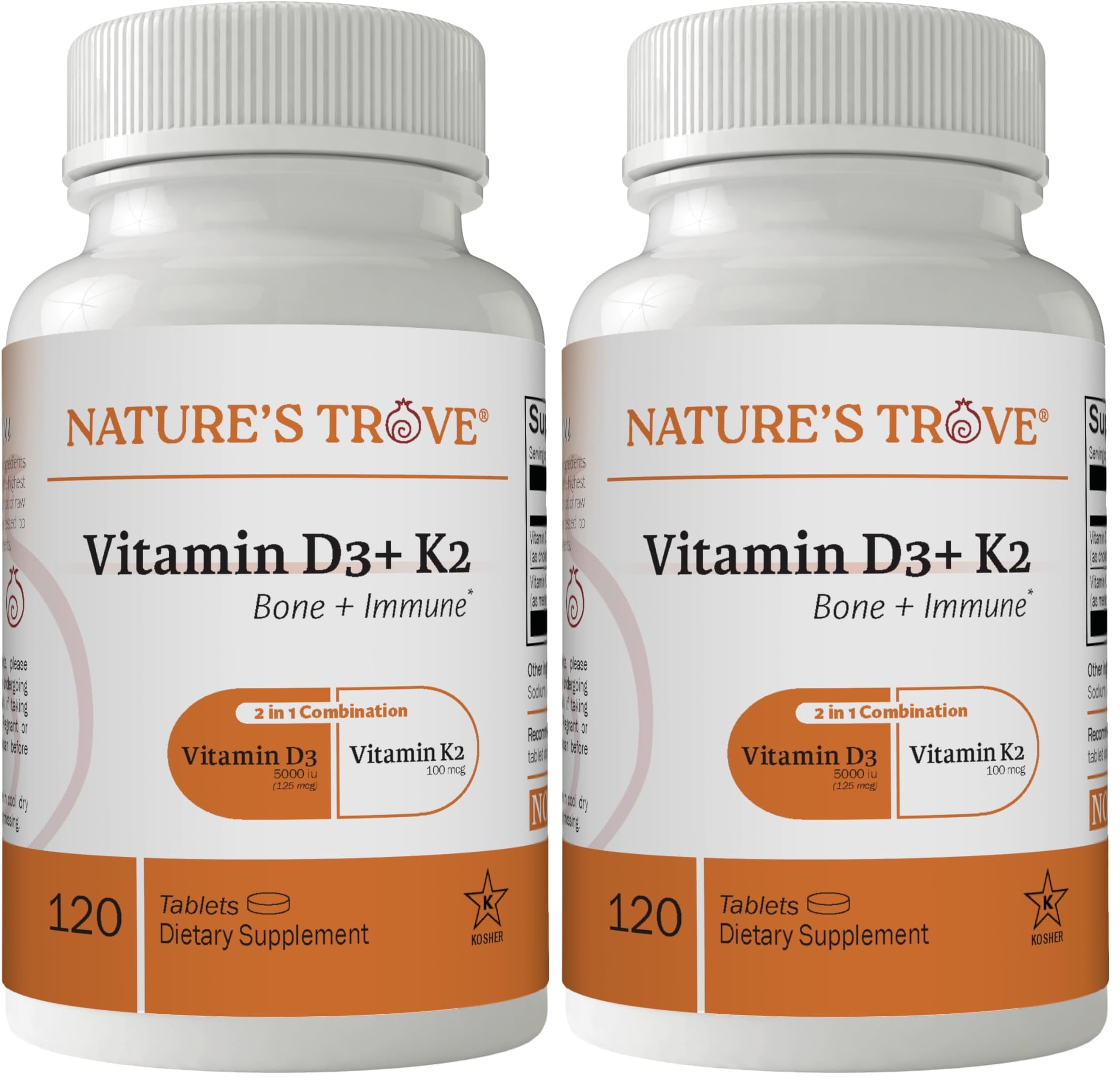 Nature's Trove Vitamin D3 5000 IU Plus K2 100mcg for Bone Health & Immune Support - 120 Tablets - 2-in-1 Formula