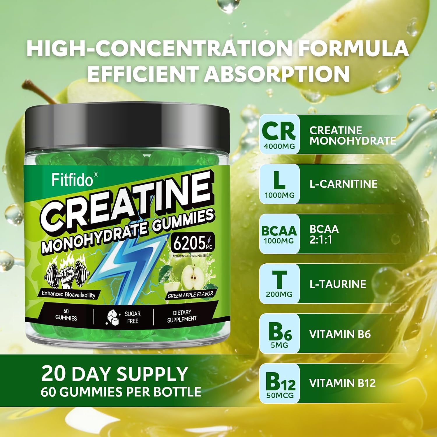 Creatine Monohydrate Gummies with L-Carnitine, 60 Count | Creatine Monohydrate, Gym & Training, Muscle Performance Support, L-Carnitine, Taurine, Sugar Free, Vegan