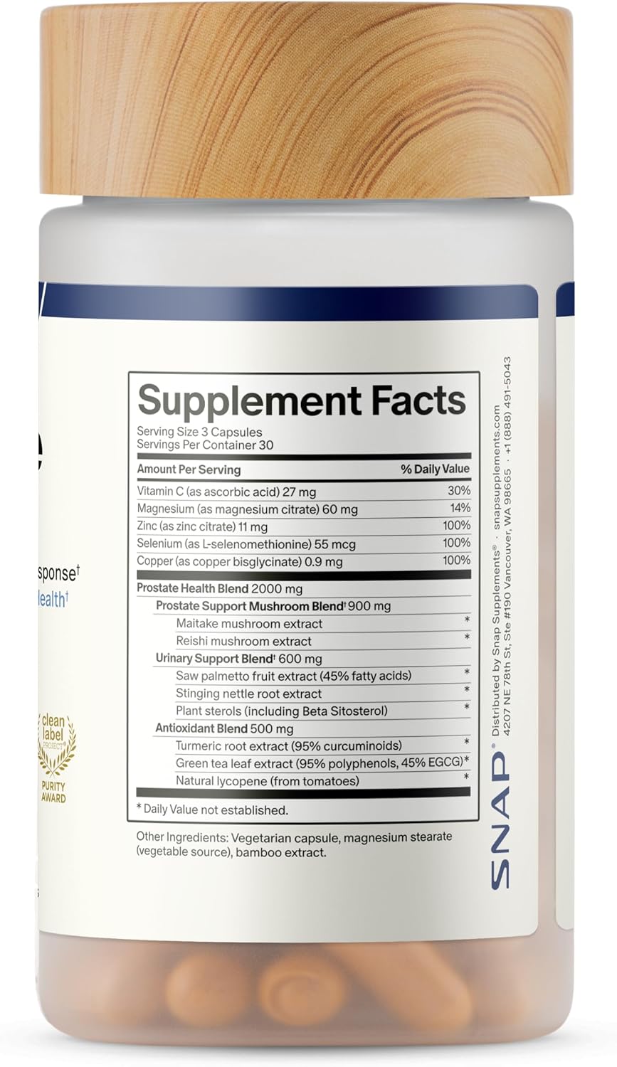 Snap Supplements Prostate Health Supplements for Men, 90 Vegan Capsules | Supports Urinary Tone and Healthy DHT Balance, Saw Palmetto for Men, Stinging Nettle, Beta-Sitosterol, Non-GMO, Gluten-Free