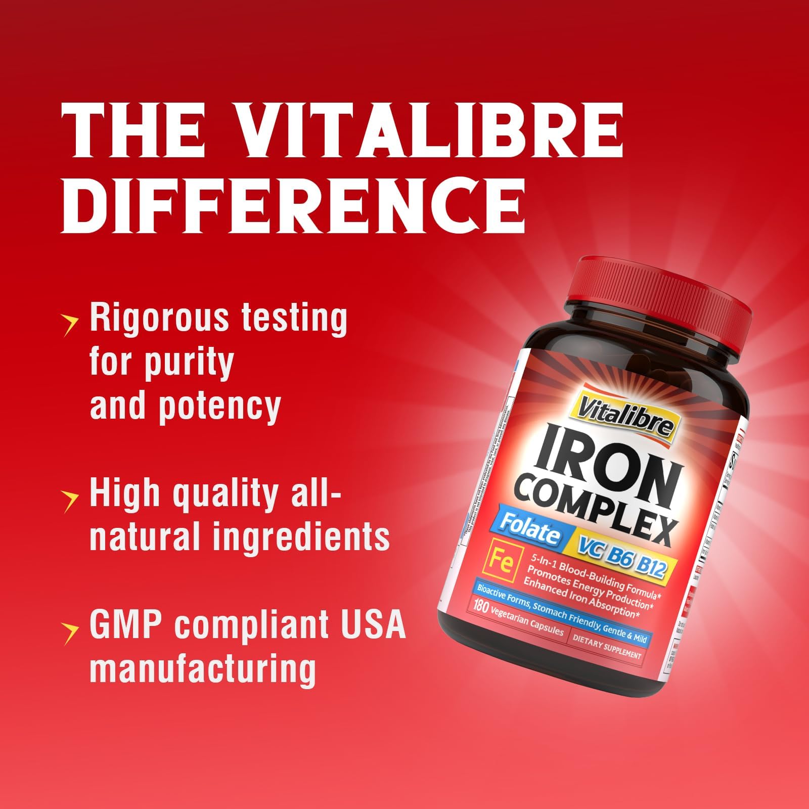 Iron Supplement for Women & Men, with Vitamins C, B6, B12 & Folate | for Iron Deficiency, Blood Building & Energy Support, Stomach Friendly, Better Absorption, Non-GMO, No Gluten, 60 Vegan Caps