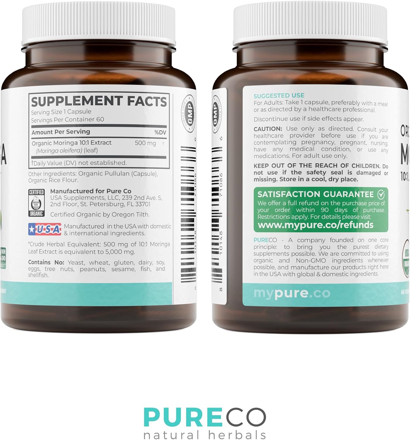 USDA Organic Moringa Capsules - High Potency Organic Moringa 500mg Extract 10:1 Per 1 Capsule Serving - Nutrient Dense Green Superfood Antioxidant - Vegan & Non-GMO Moringa (2 Month Supply)