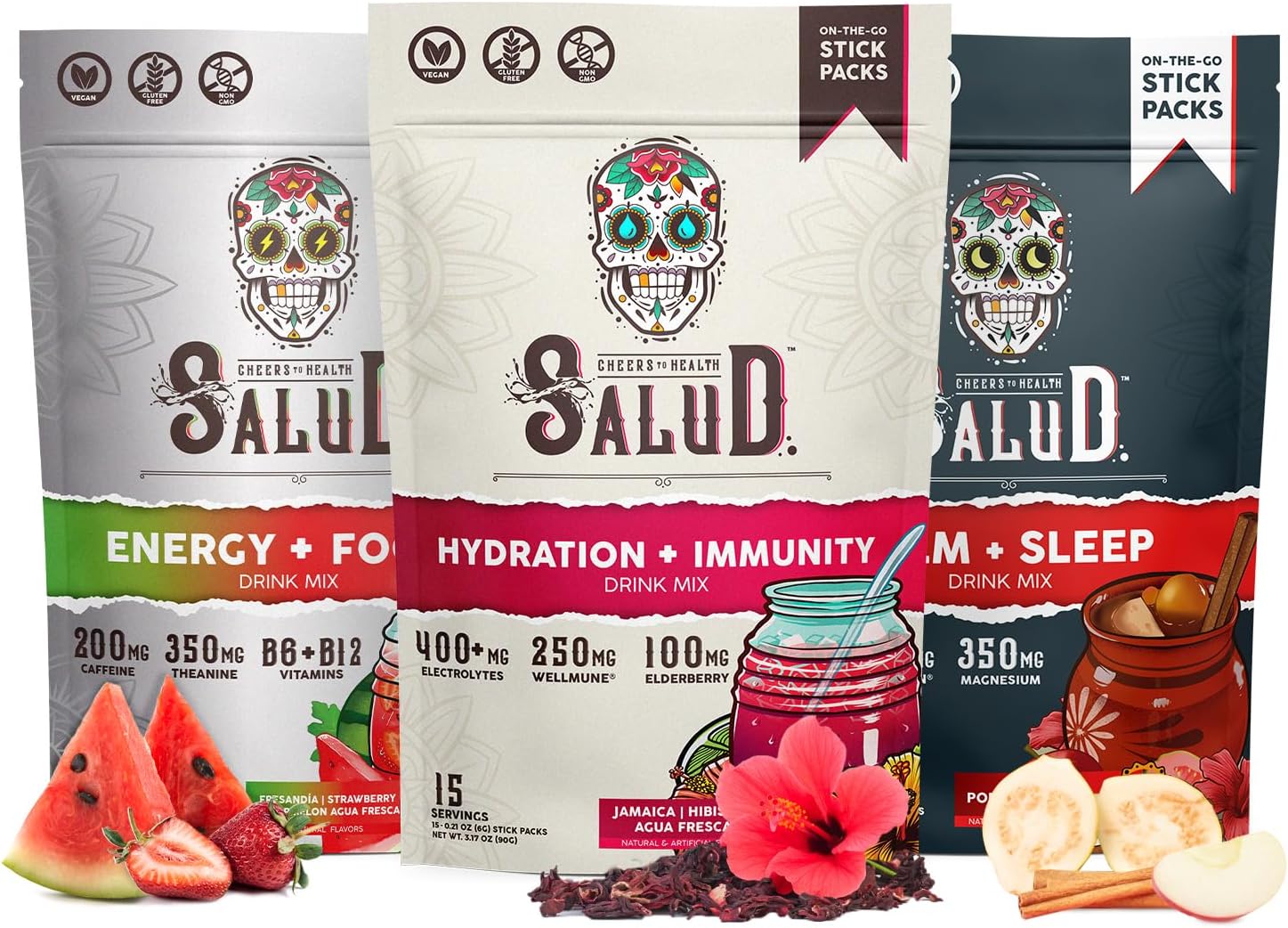 Salud Variety 3-Pack | 2-in-1 Hydration + Immunity (Hibiscus), Energy + Focus (Strawberry Watermelon) & Calm + Sleep (Punch) – 15 Servings Each, Non-GMO, Gluten Free, Low Calorie, 1g of Sugar