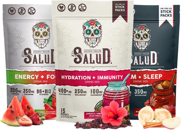 Salud Variety 3-Pack | 2-in-1 Hydration + Immunity (Hibiscus), Energy + Focus (Strawberry Watermelon) & Calm + Sleep (Punch) – 15 Servings Each, Non-GMO, Gluten Free, Low Calorie, 1g of Sugar