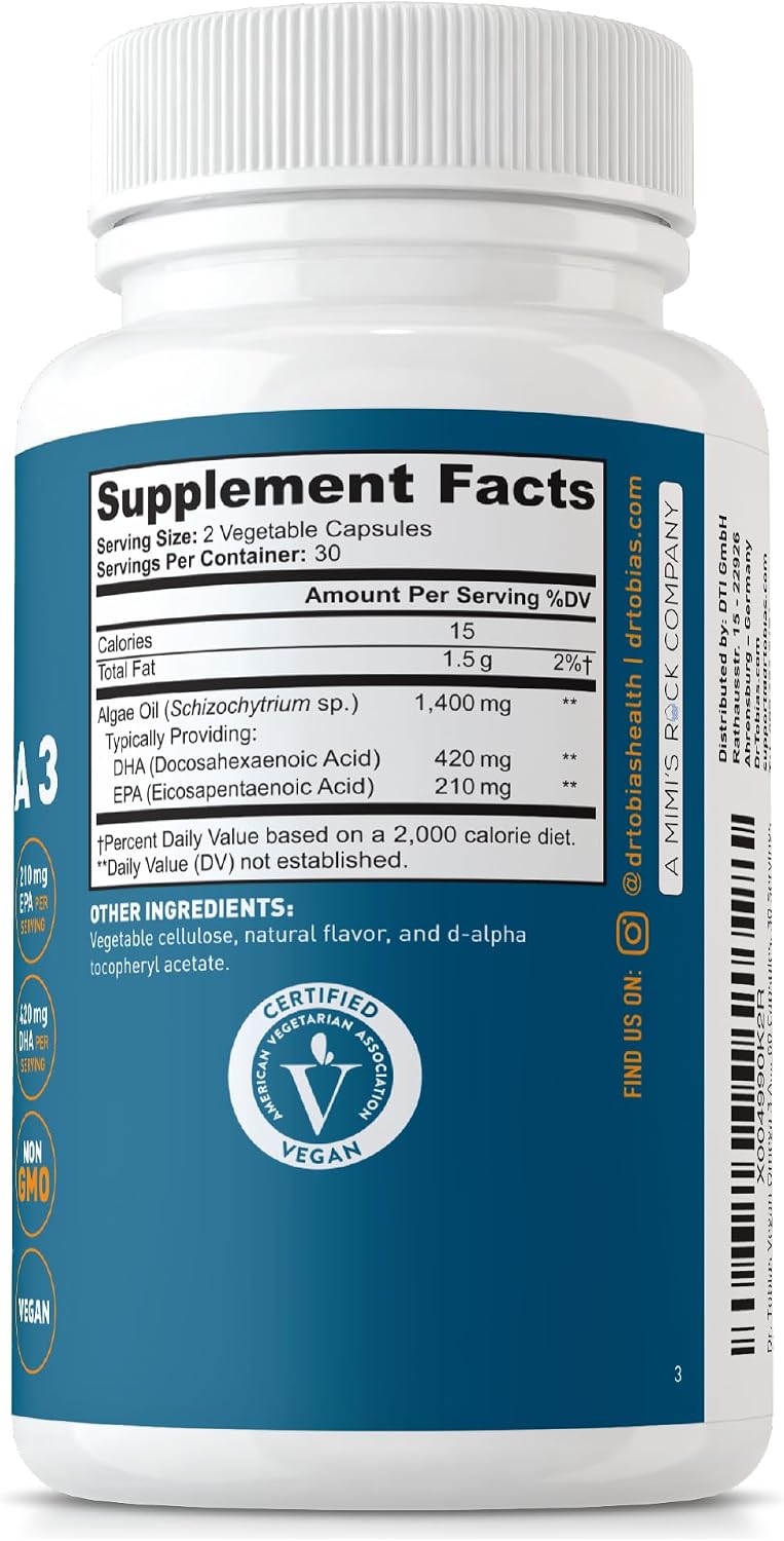Dr. Tobias Vegan Omega 3 Algae Oil 60 Capsules | Extra-Strength DHA EPA | Plant-Based Omega 3 Supplement | Heart & Brain Support | 420 mg DHA + 210 mg EPA | Lemon Flavor | 30 Servings
