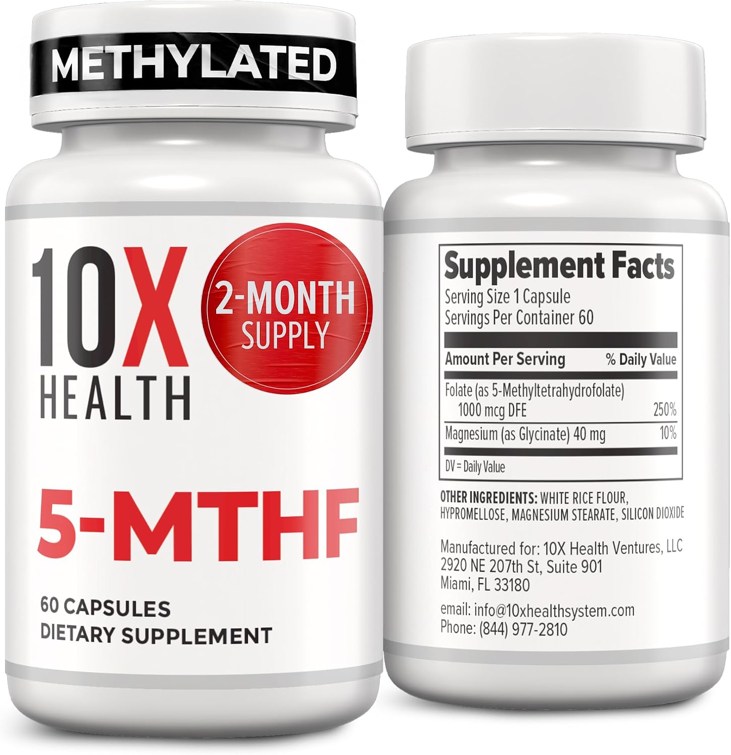 10X Health 5 Mthf - 60 Capsules | L Methylfolate: Methylated Folate & Magnesium, Brain & DNA Support, Bioavailable