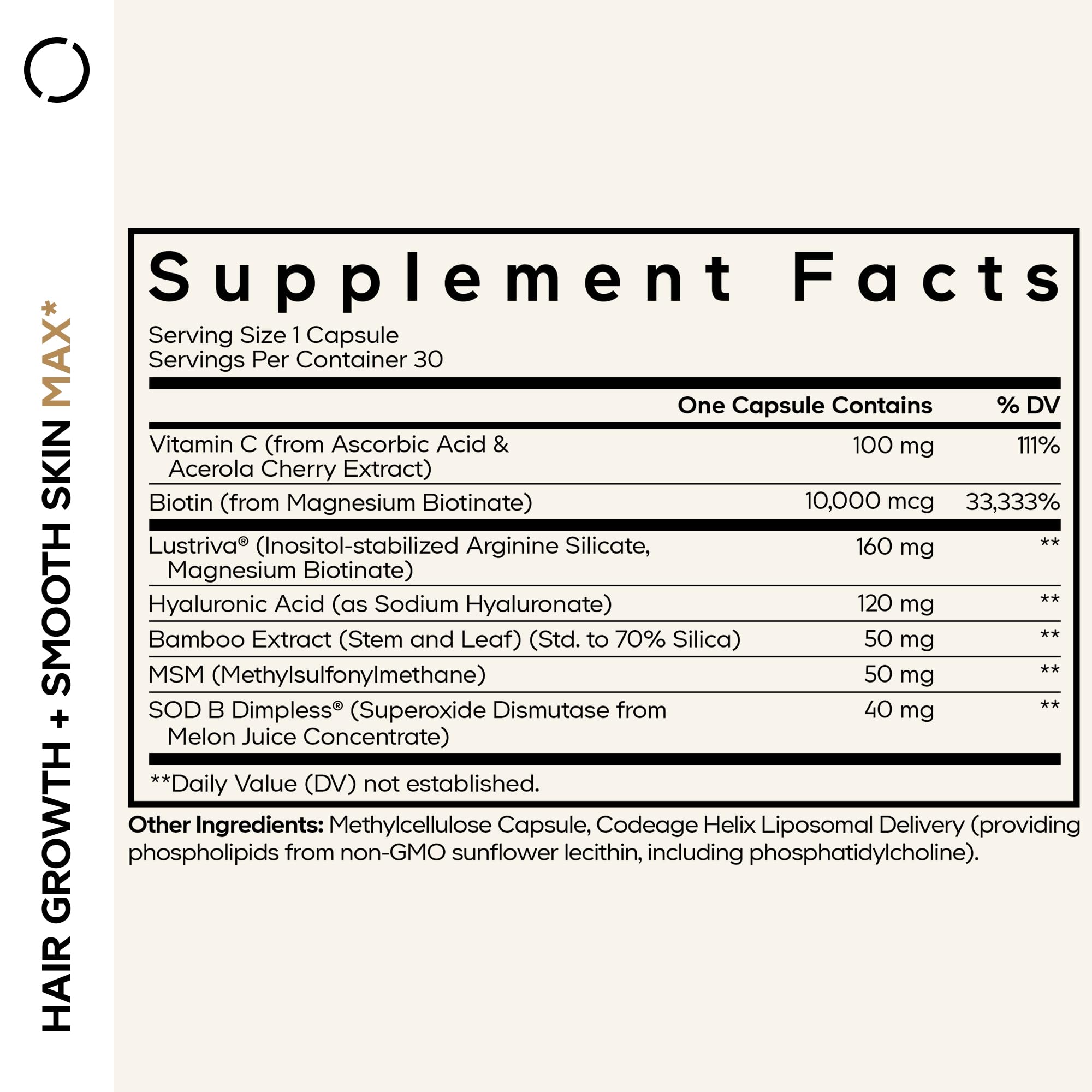 Codeage Hair Growth + Smooth Skin Max Vitamins Supplement - Patented Lustriva & SOD B Dimpless Superoxide Dismutase - Hair Growth Health Skin Cellulite Support - Biotin, Vitamin C, MSM - 30 Capsules CodeageBuy Supplements Australia