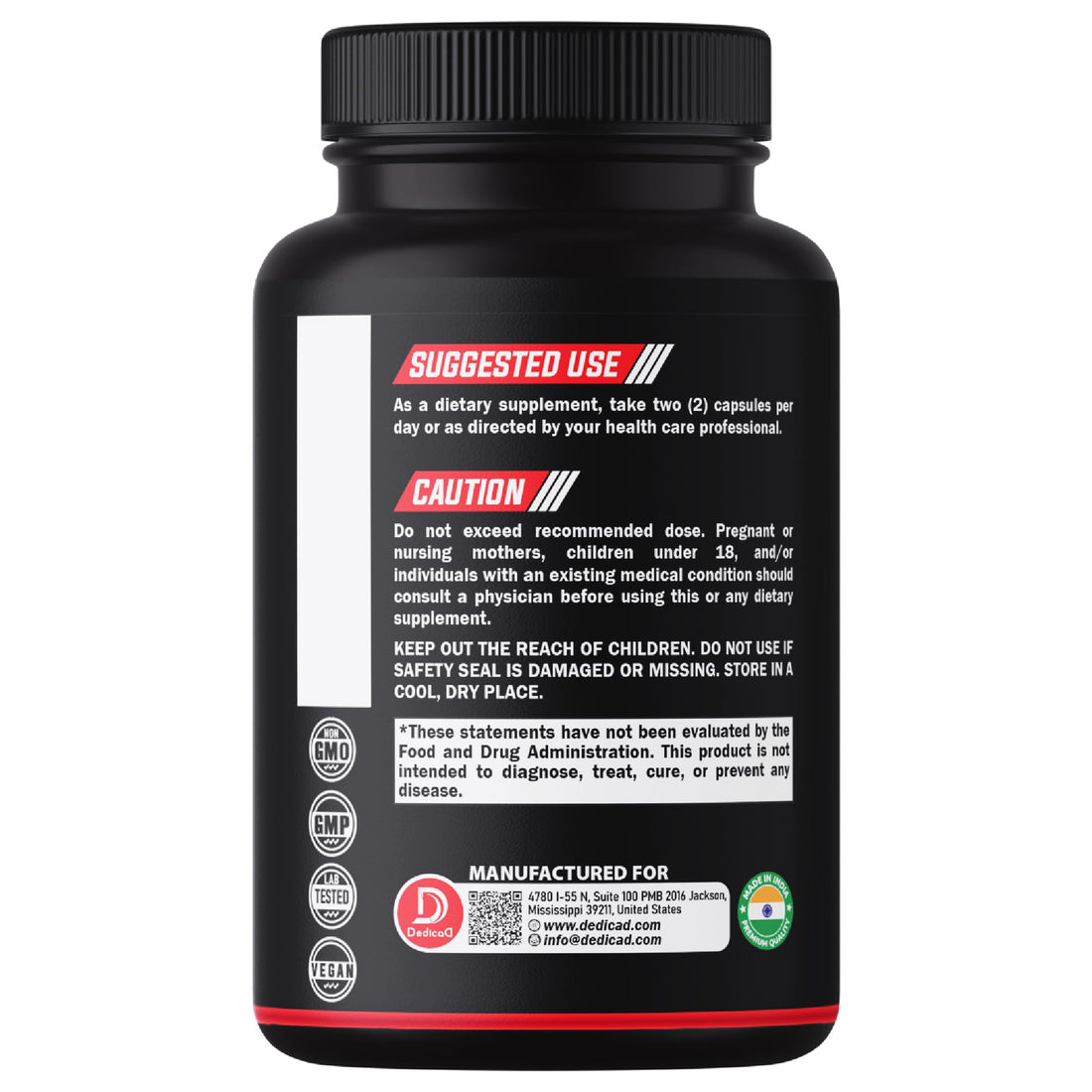 Black supplement bottle labeled 'Bromelain and Digestive Health Blend' with Dedica logo on a white background