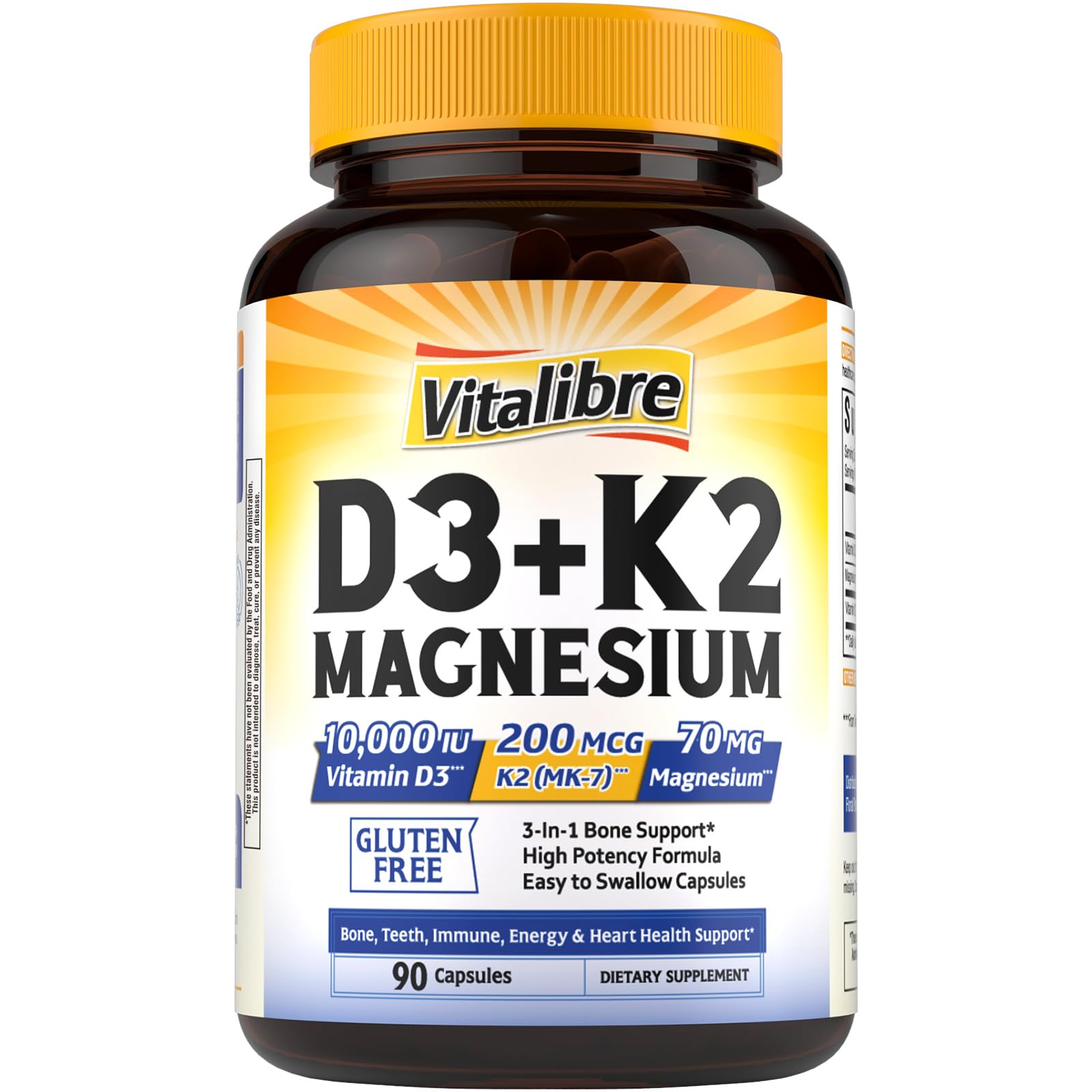 Vitalibre D3 K2 + Magnesium Supplement, 10000 IU Vitamin D3 & 200 mcg K2, with Magnesium Glycinate, Bone, Teeth, Immune & Energy Support, High Absorption, Non-GMO, Easy to Swallow, 60 Capsules