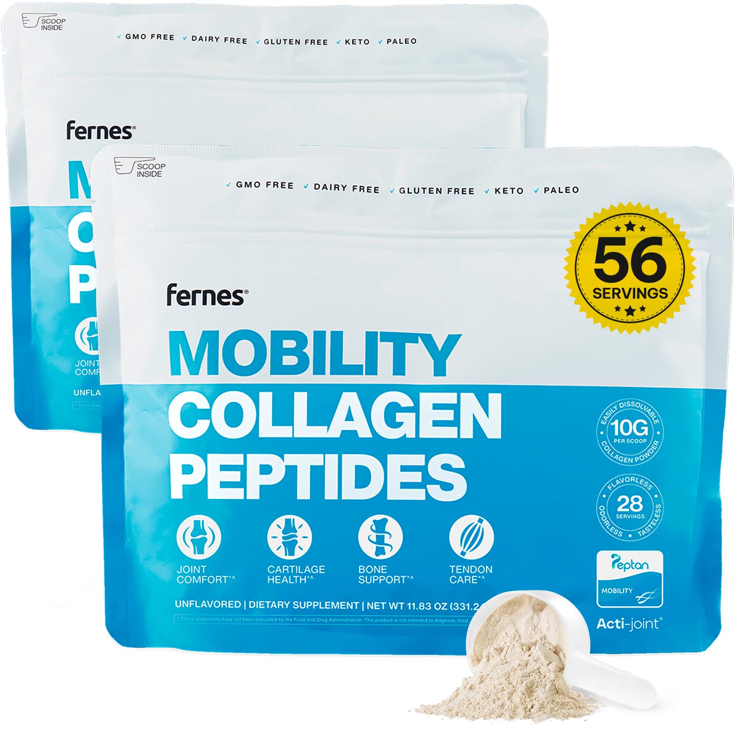 Mobility Collagen Peptides Powder - Glucosamine, Chondroitin, Hyaluronic Acid & Liposomal Vitamin C Joint Bone & Cartilage Support Grass-Fed Type I & III Keto & Paleo 28 Servings, 11.83 oz