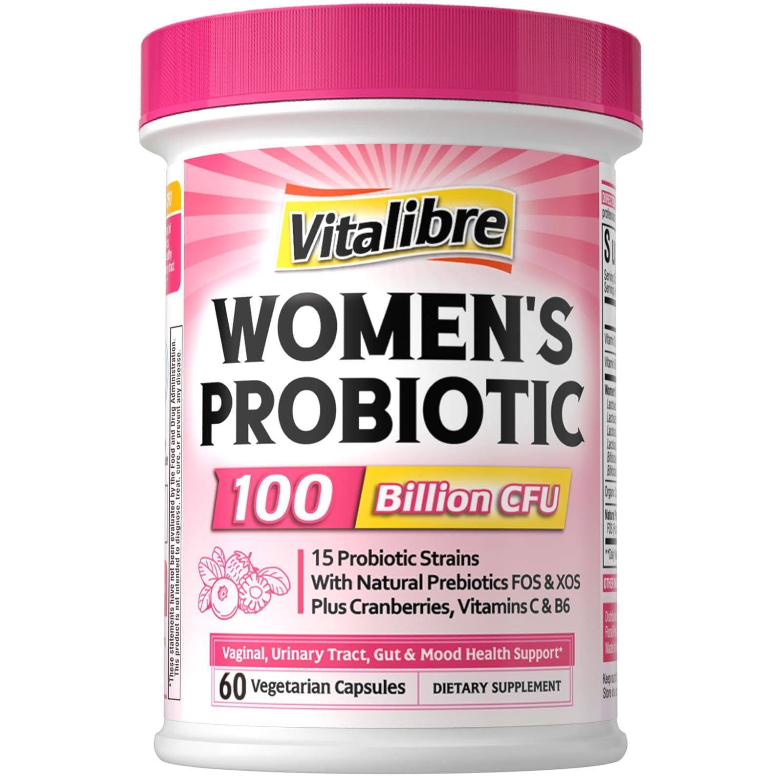 Vitalibre Probiotics for Women 100 Billion CFU 15 Strains, Daily Probiotic | 30 Vegan Capsules, Prebiotic Supplement with Organic Cranberry to Support Vaginal, Digestive, Immune Health, Shelf Stable
